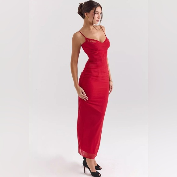 HOUSE OF CB 'Nalini' Holly Red Mesh Corset Maxi Dress - Picture 3 of 4